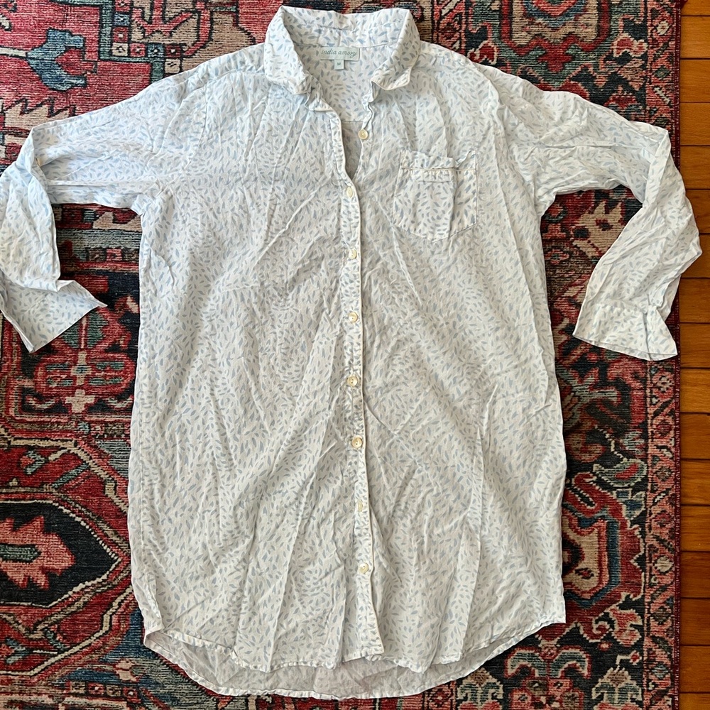 Tuckernuck India Amory White & Blue Cotton Button Up Pajama Dress— Womens Medium